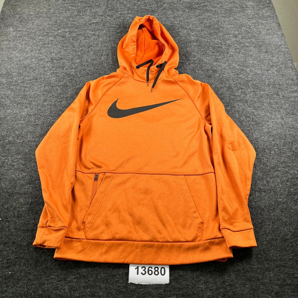 Nike Therma Fit Hoodie Mens Small Orange Fleece Lined Swoosh Pullover Casual